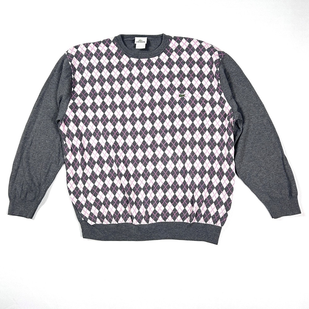 Vintage Lacoste Argyle Cotton Knit Sweater Mens 8 XXL Preppy Golf Y2K Gray Pink
